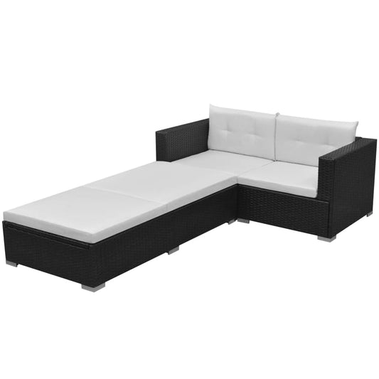 3-tlg. Garten-Lounge-Set mit Auflagen Poly Rattan Schwarz