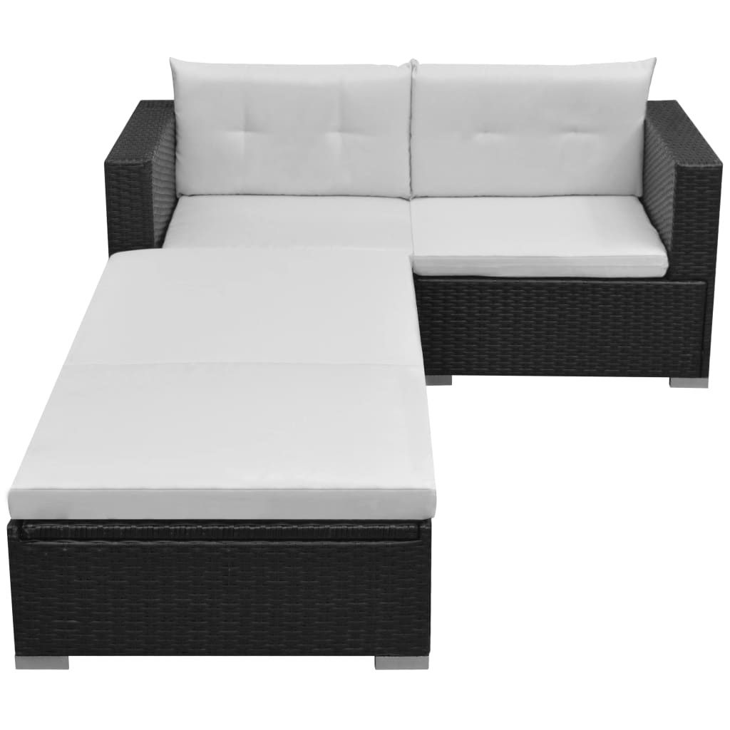 3-tlg. Garten-Lounge-Set mit Auflagen Poly Rattan Schwarz