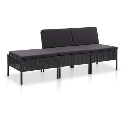 3-tlg. Garten-Lounge-Set mit Auflagen Poly Rattan Schwarz