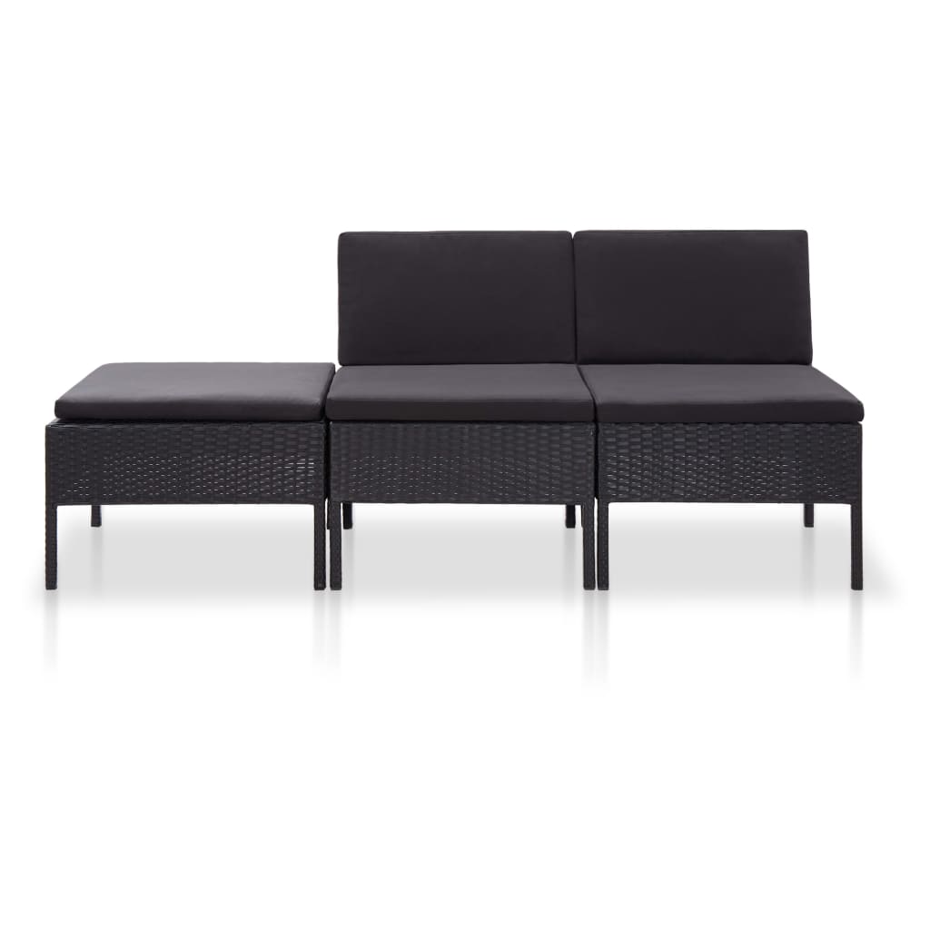 3-tlg. Garten-Lounge-Set mit Auflagen Poly Rattan Schwarz