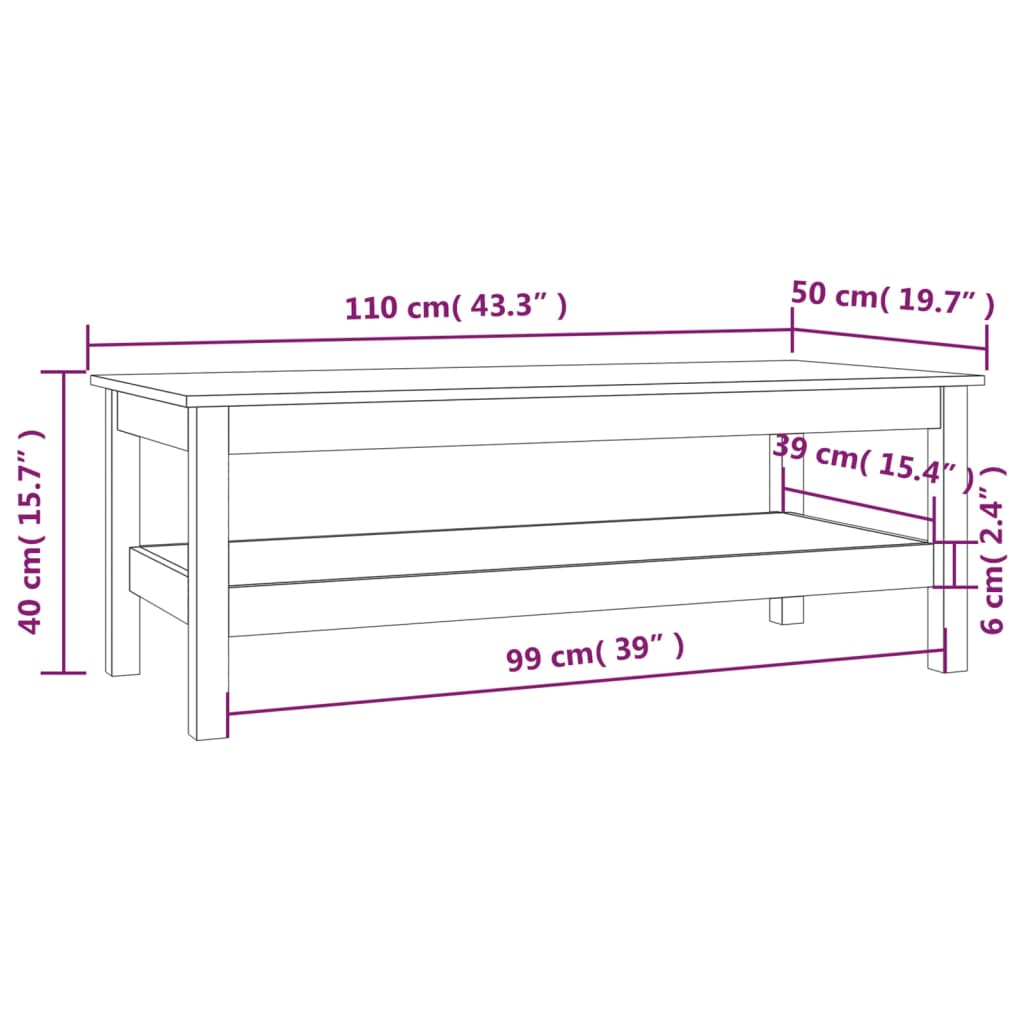 Couchtisch Schwarz 110x50x40 cm Massivholz Kiefer