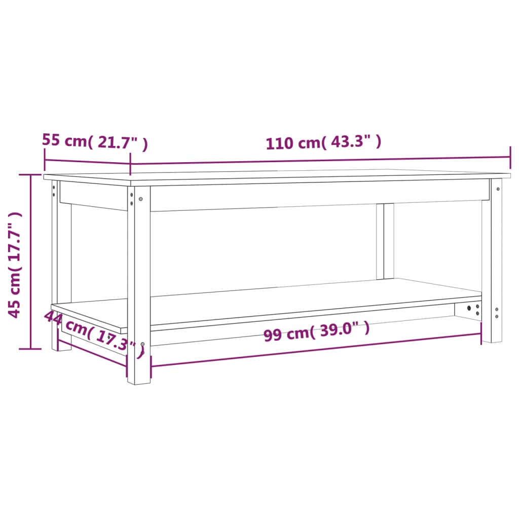 Couchtisch Schwarz 110x55x45 cm Massivholz Kiefer