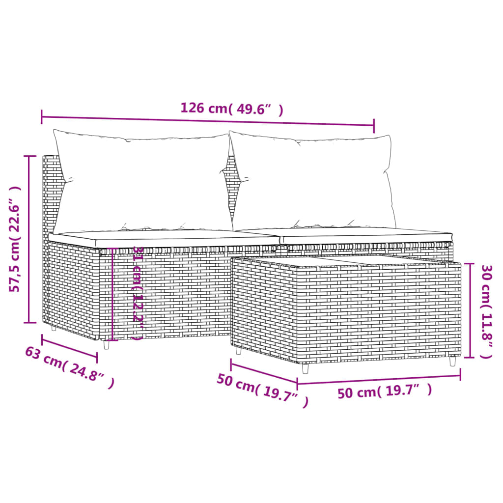 3-tlg. Garten-Lounge-Set mit Kissen Grau Poly Rattan