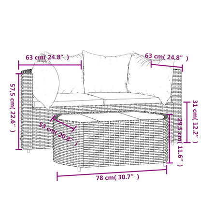 3-tlg. Garten-Lounge-Set mit Kissen Grau Poly Rattan