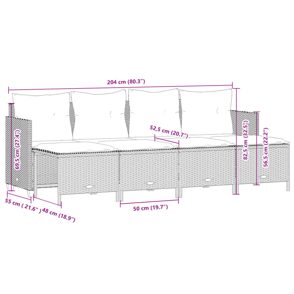 5-tlg. Garten-Sofagarnitur mit Kissen Braun Poly Rattan