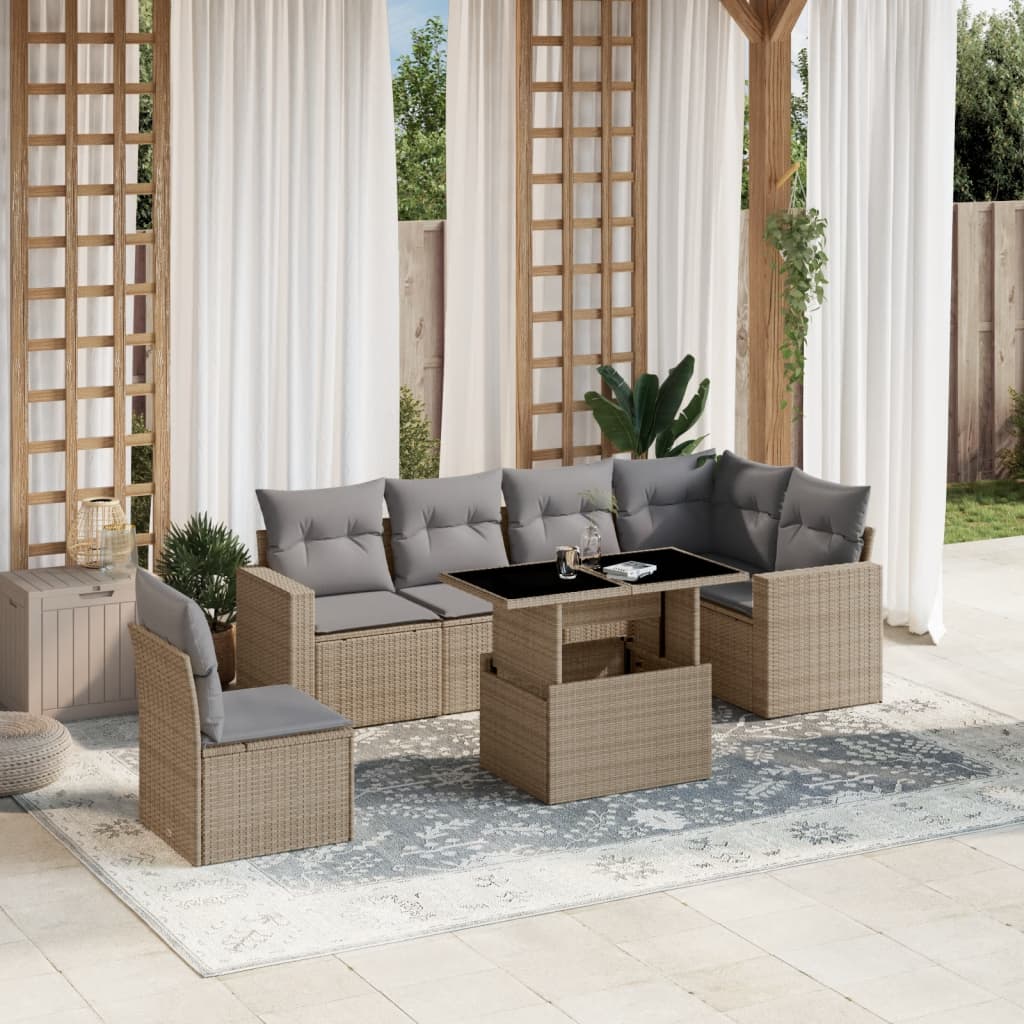 7-tlg. Garten-Sofagarnitur mit Kissen Beige Poly Rattan