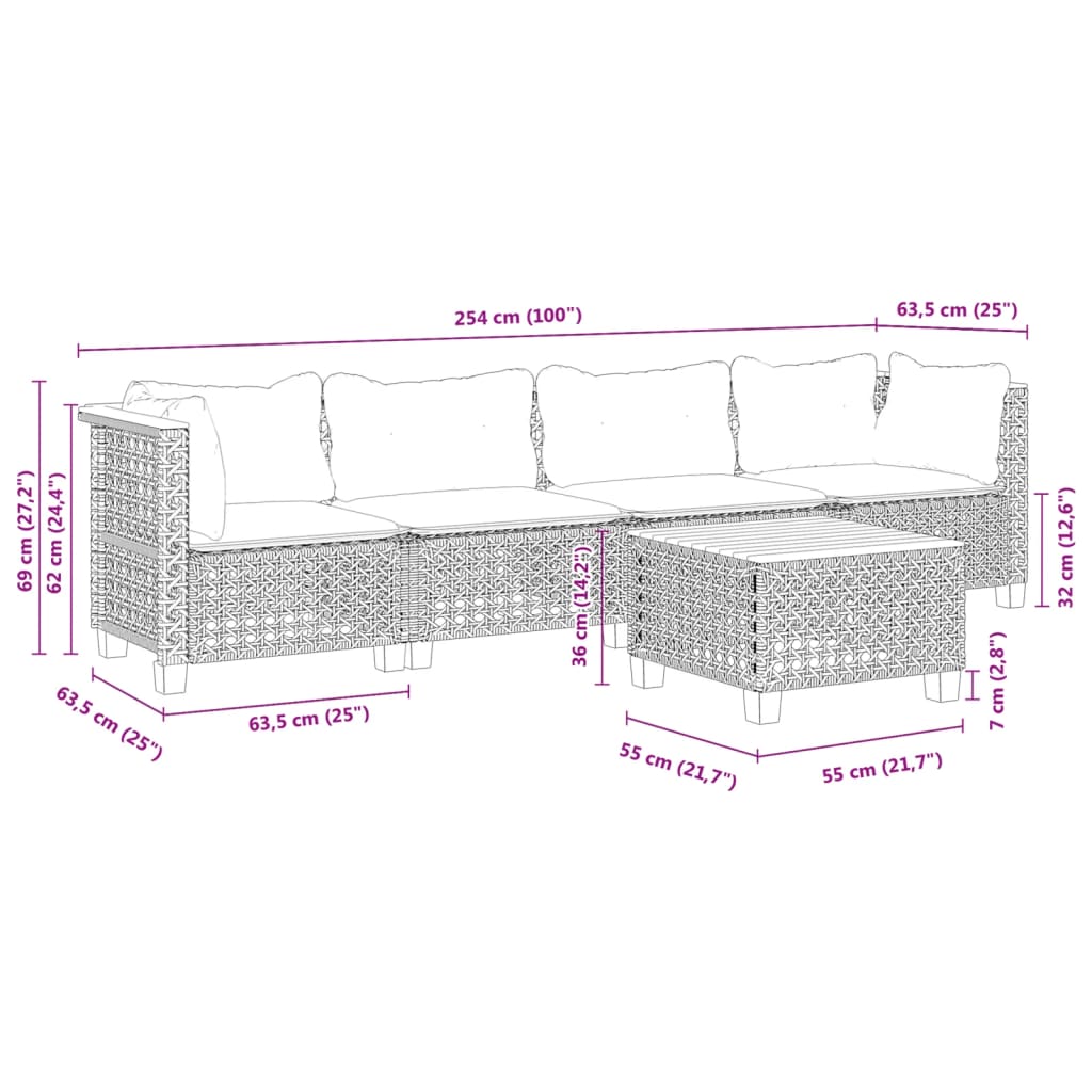 5-tlg. Garten-Sofagarnitur mit Kissen Schwarz Poly Rattan