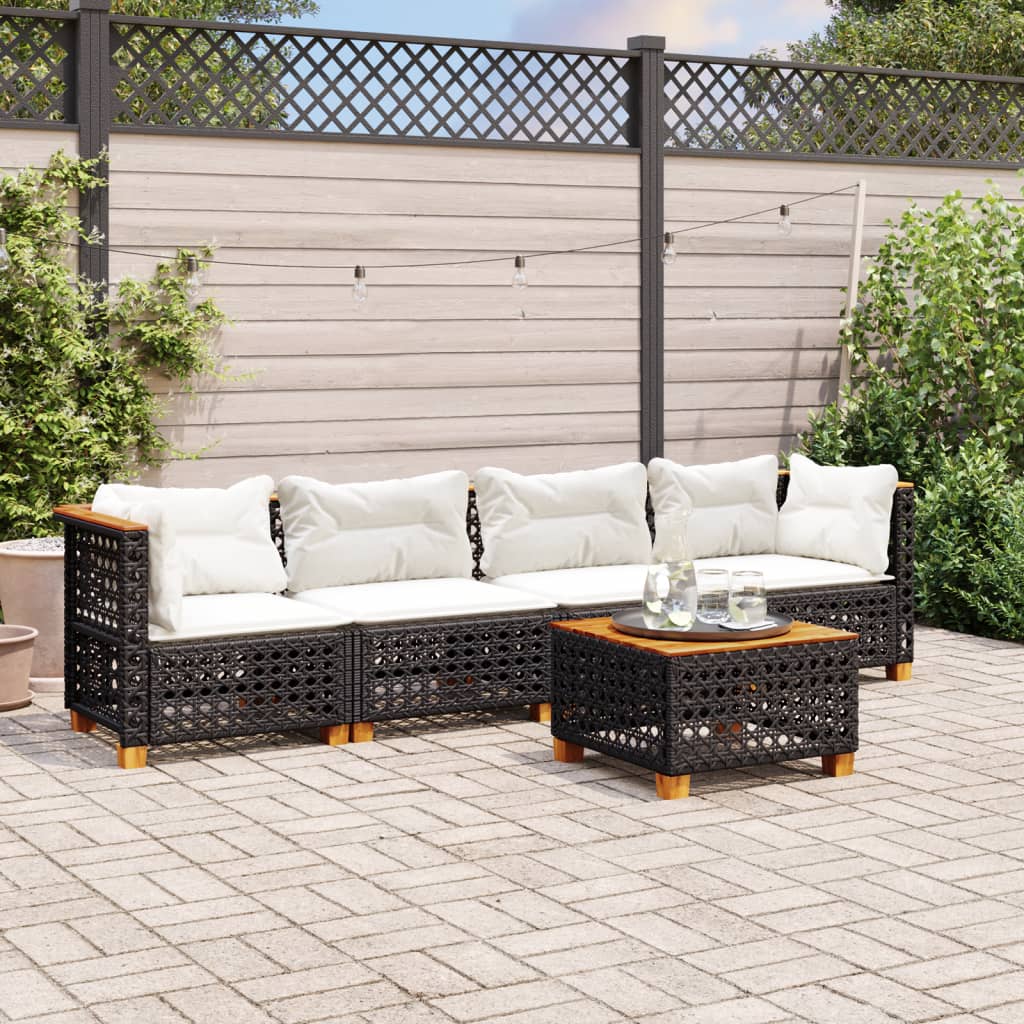 5-tlg. Garten-Sofagarnitur mit Kissen Schwarz Poly Rattan