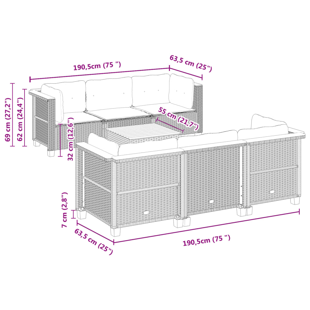 7-tlg. Garten-Sofagarnitur mit Kissen Schwarz Poly Rattan