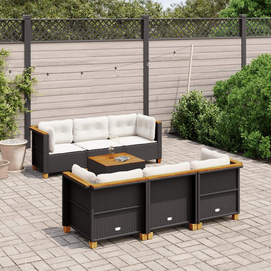 7-tlg. Garten-Sofagarnitur mit Kissen Schwarz Poly Rattan