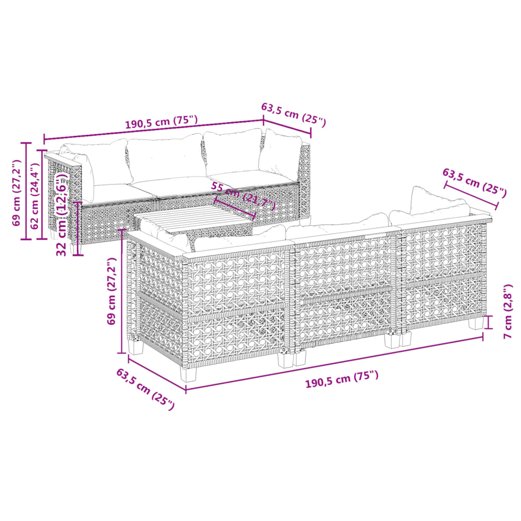 7-tlg. Garten-Sofagarnitur mit Kissen Schwarz Poly Rattan