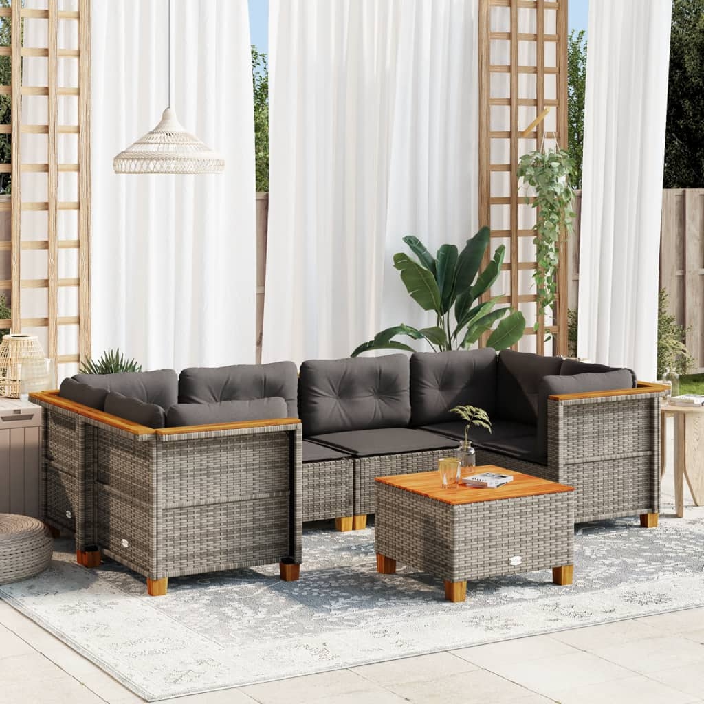 7-tlg. Garten-Sofagarnitur mit Kissen Grau Poly Rattan