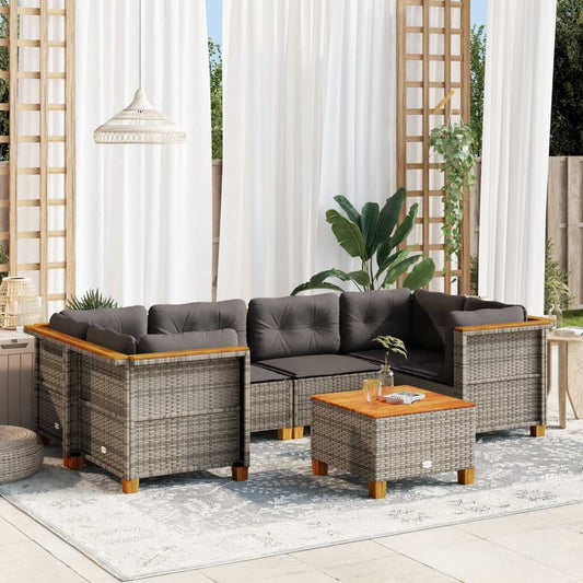 7-tlg. Garten-Sofagarnitur mit Kissen Grau Poly Rattan