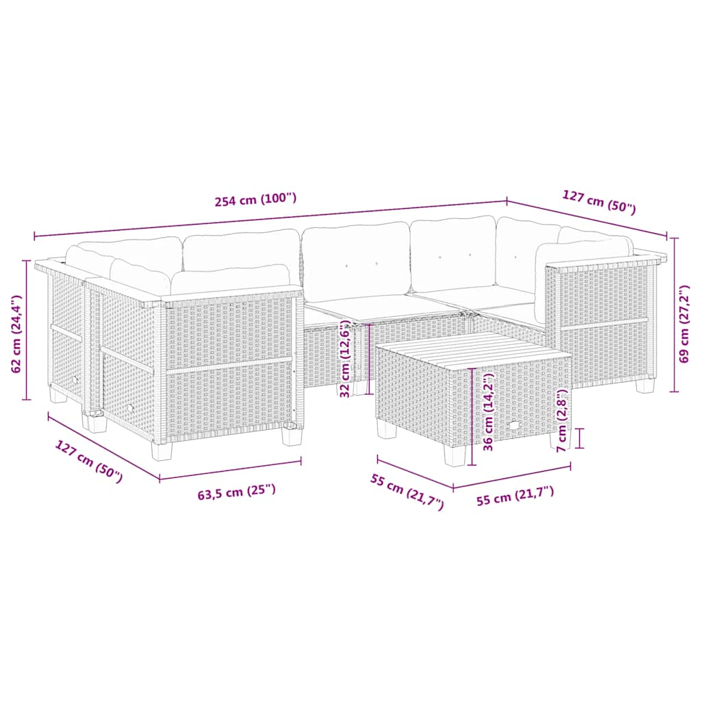 7-tlg. Garten-Sofagarnitur mit Kissen Beige Poly Rattan