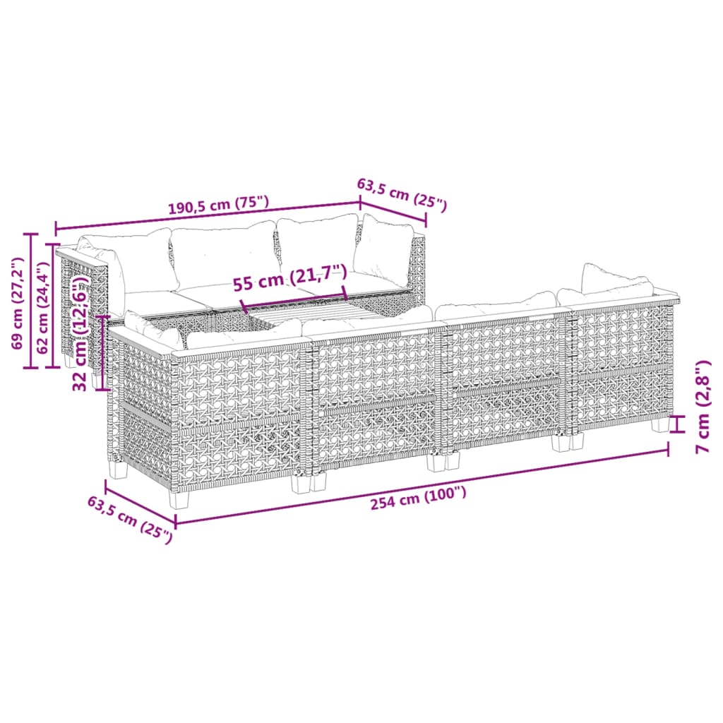 8-tlg. Garten-Sofagarnitur mit Kissen Grau Poly Rattan