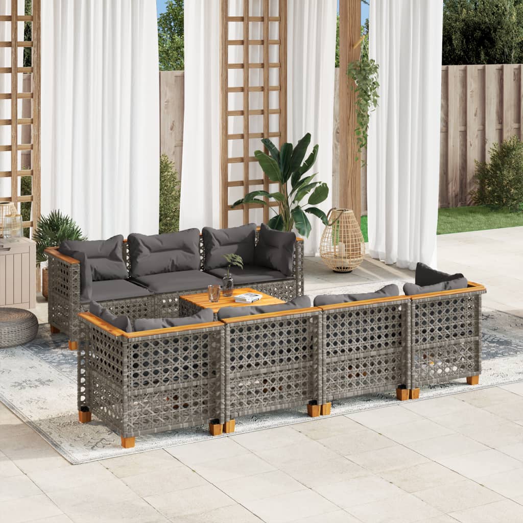 8-tlg. Garten-Sofagarnitur mit Kissen Grau Poly Rattan