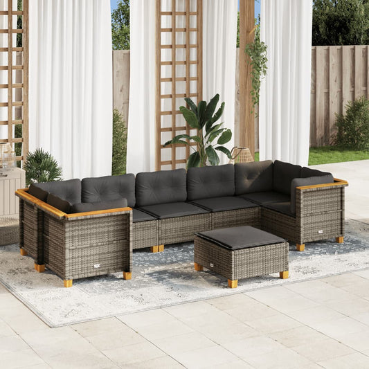 8-tlg. Garten-Sofagarnitur mit Kissen Grau Poly Rattan