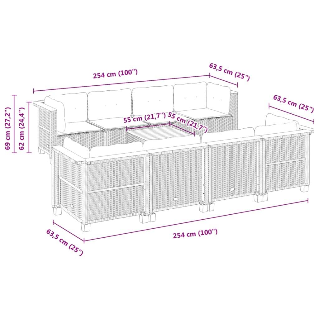 9-tlg. Garten-Sofagarnitur mit Kissen Schwarz Poly Rattan