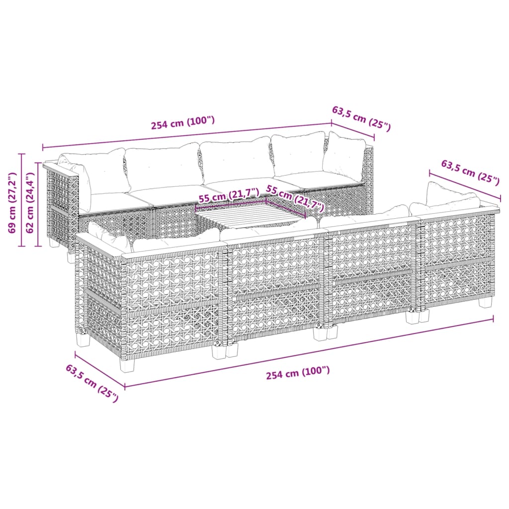 9-tlg. Garten-Sofagarnitur mit Kissen Schwarz Poly Rattan