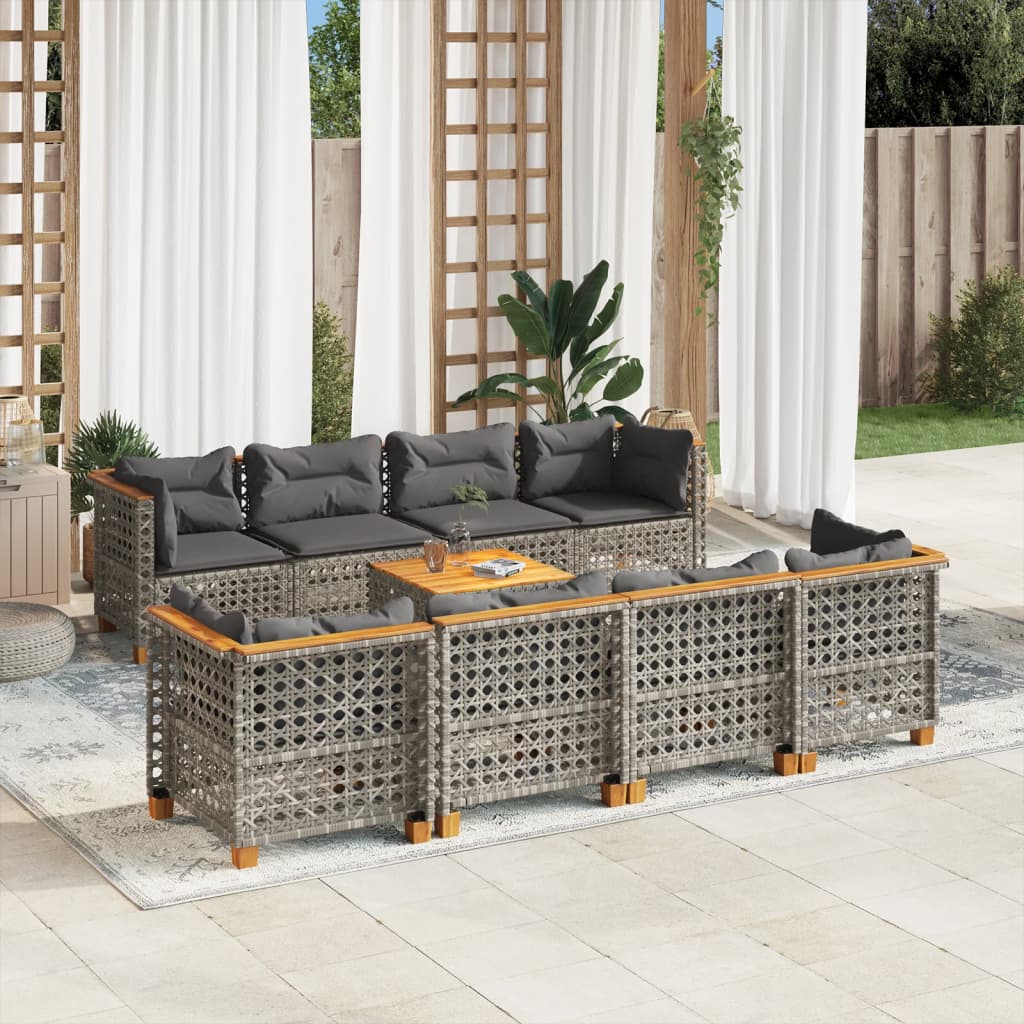 9-tlg. Garten-Sofagarnitur mit Kissen Grau Poly Rattan