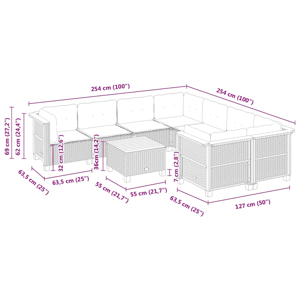 9-tlg. Garten-Sofagarnitur mit Kissen Beige Poly Rattan