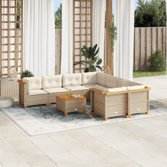 9-tlg. Garten-Sofagarnitur mit Kissen Beige Poly Rattan