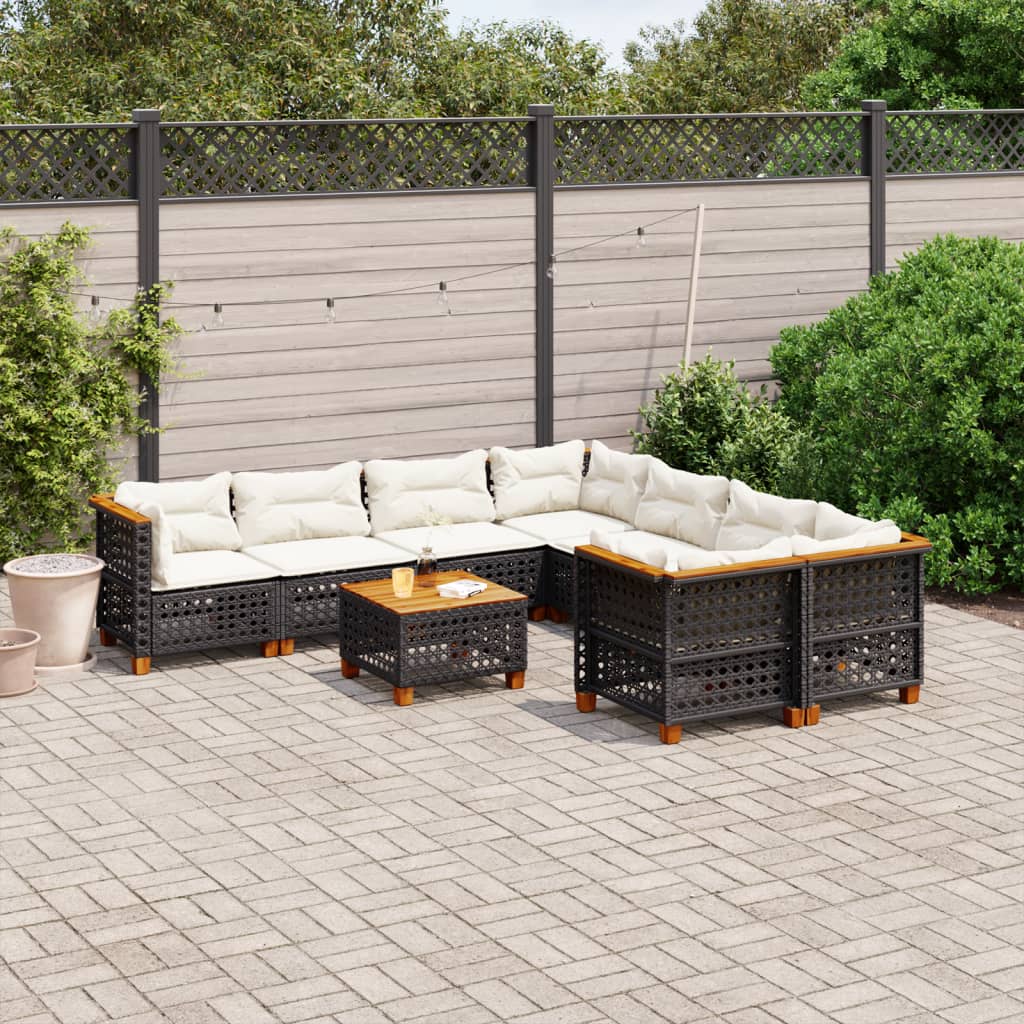 9-tlg. Garten-Sofagarnitur mit Kissen Schwarz Poly Rattan