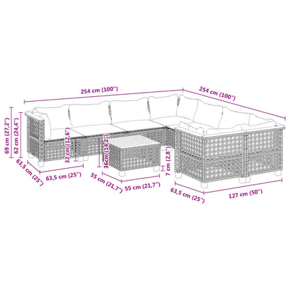 9-tlg. Garten-Sofagarnitur mit Kissen Grau Poly Rattan