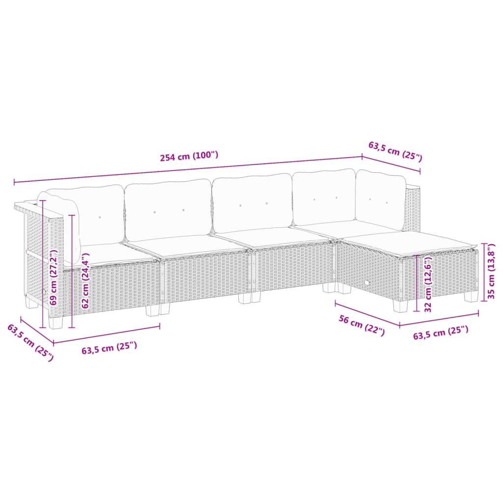 5-tlg. Garten-Sofagarnitur mit Kissen Grau Poly Rattan