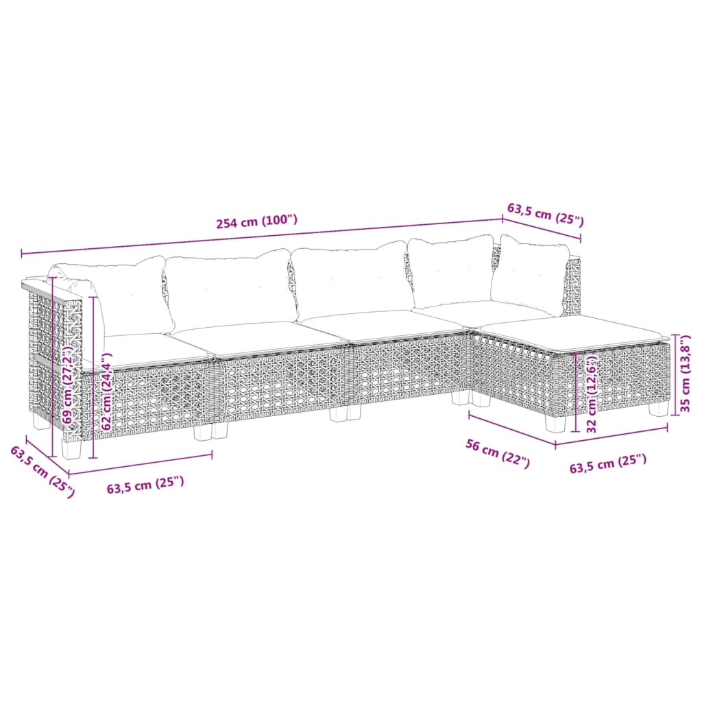 5-tlg. Garten-Sofagarnitur mit Kissen Schwarz Poly Rattan