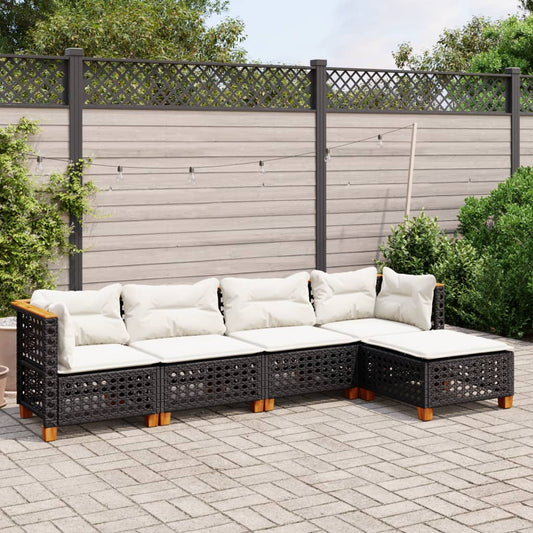 5-tlg. Garten-Sofagarnitur mit Kissen Schwarz Poly Rattan