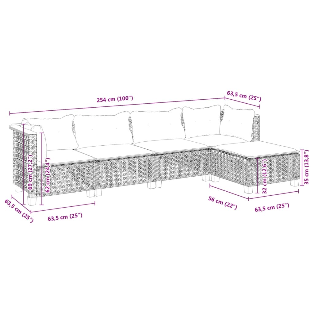 5-tlg. Garten-Sofagarnitur mit Kissen Grau Poly Rattan