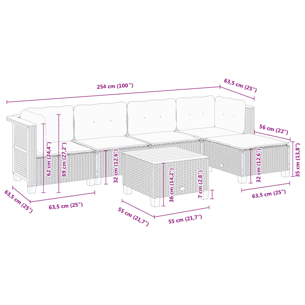 6-tlg. Garten-Sofagarnitur mit Kissen Grau Poly Rattan