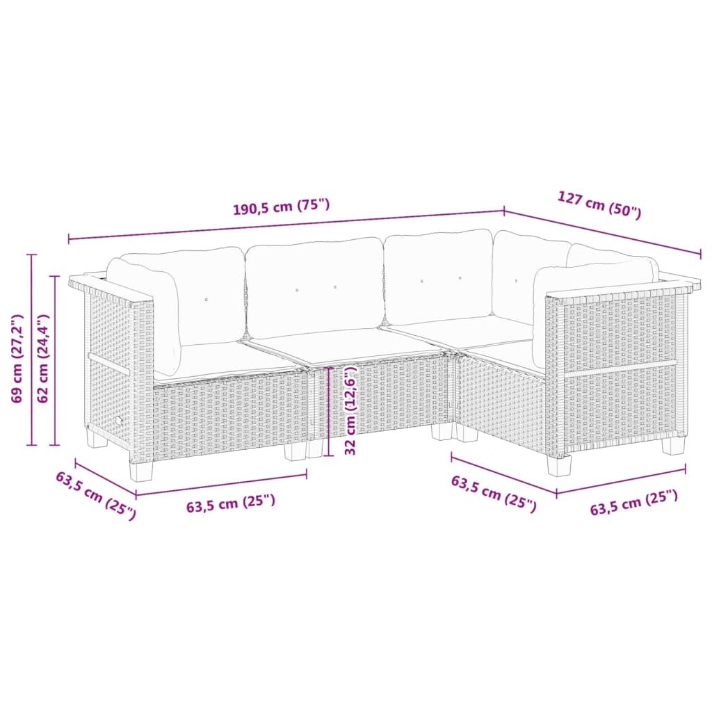 4-tlg. Garten-Sofagarnitur mit Kissen Grau Poly Rattan