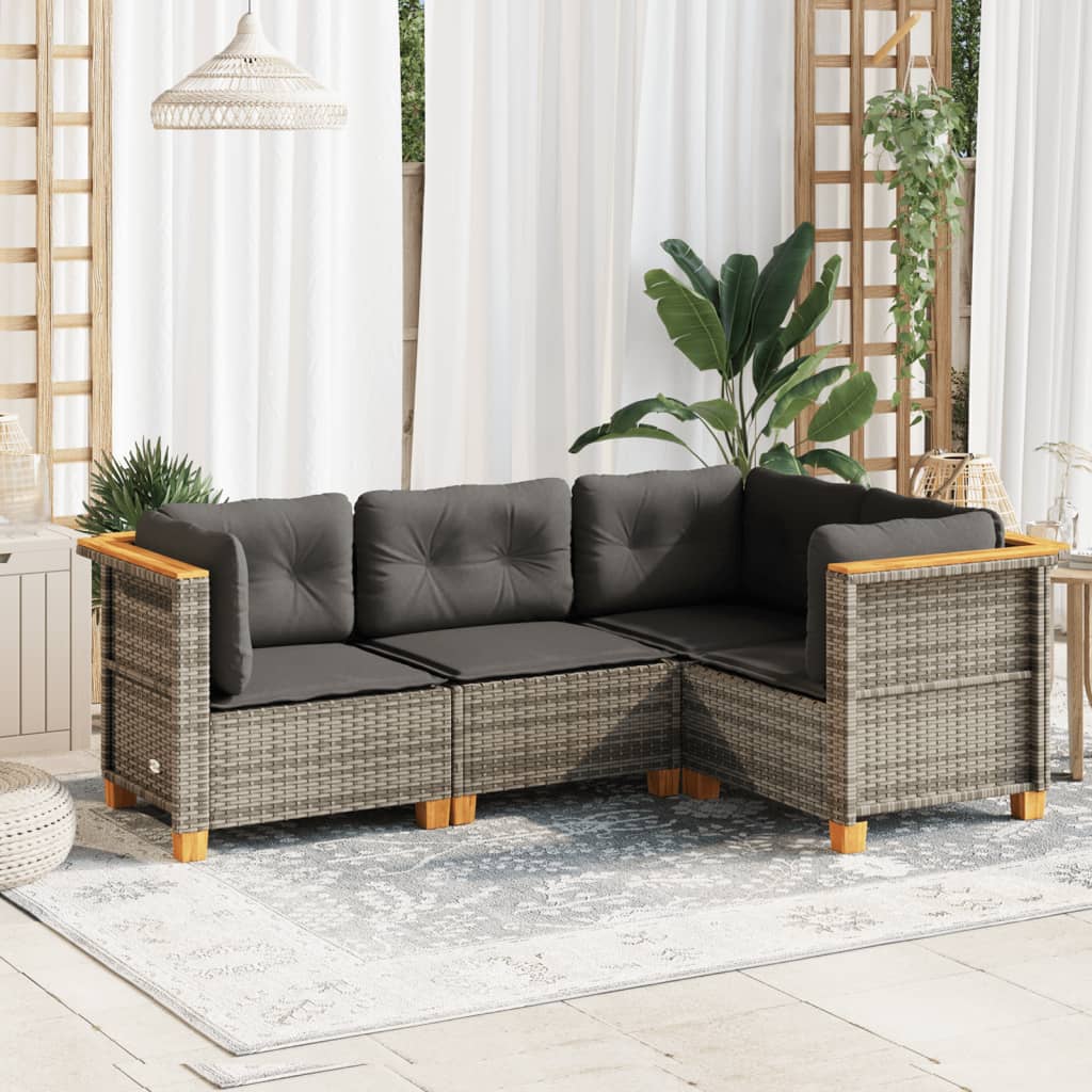 4-tlg. Garten-Sofagarnitur mit Kissen Grau Poly Rattan