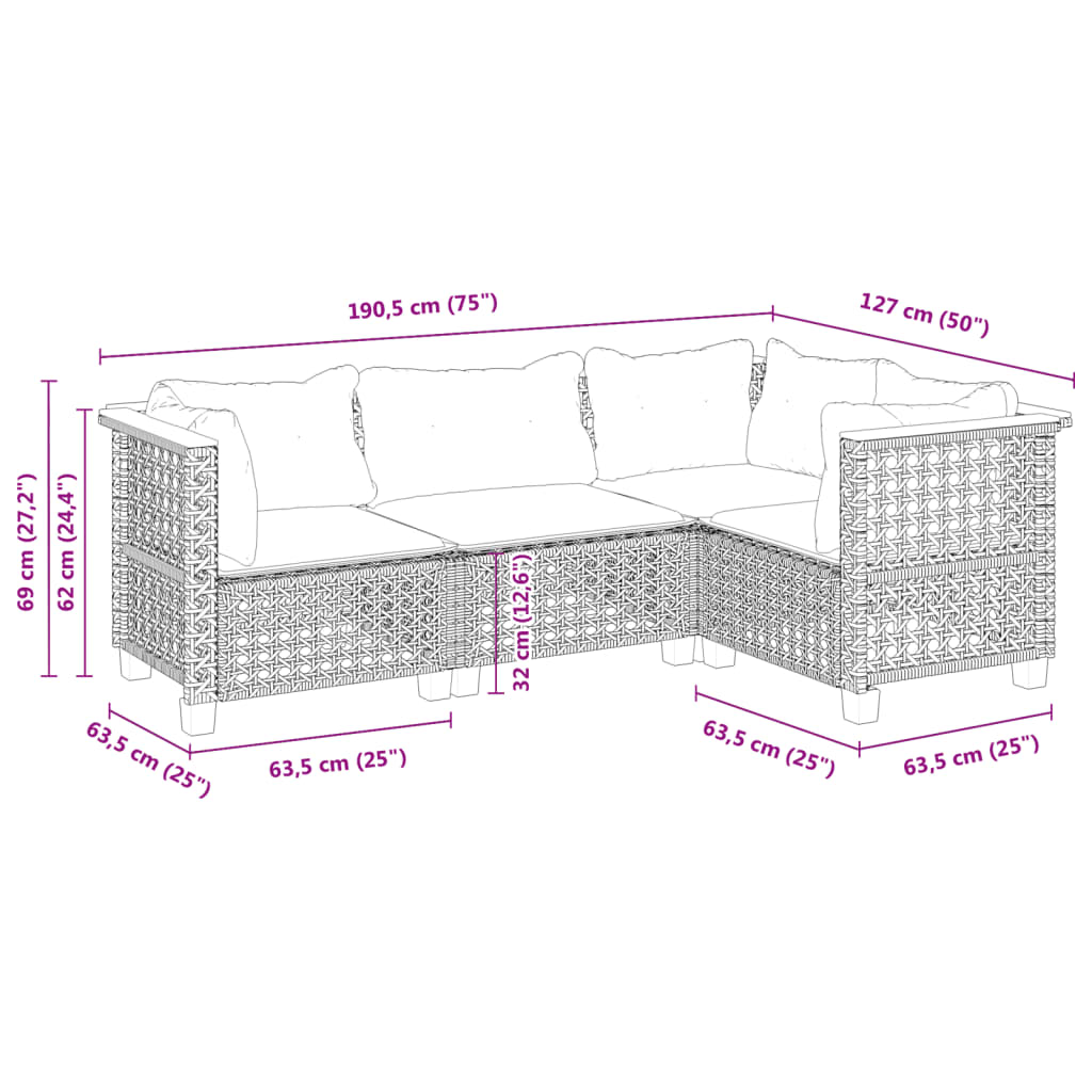 4-tlg. Garten-Sofagarnitur mit Kissen Schwarz Poly Rattan