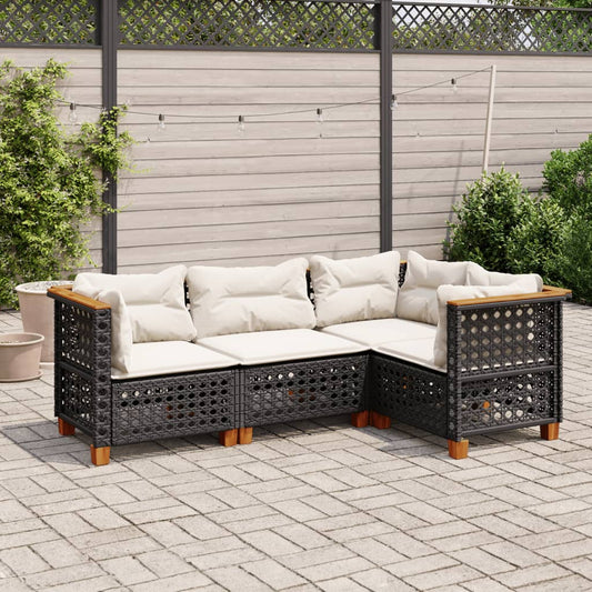 4-tlg. Garten-Sofagarnitur mit Kissen Schwarz Poly Rattan