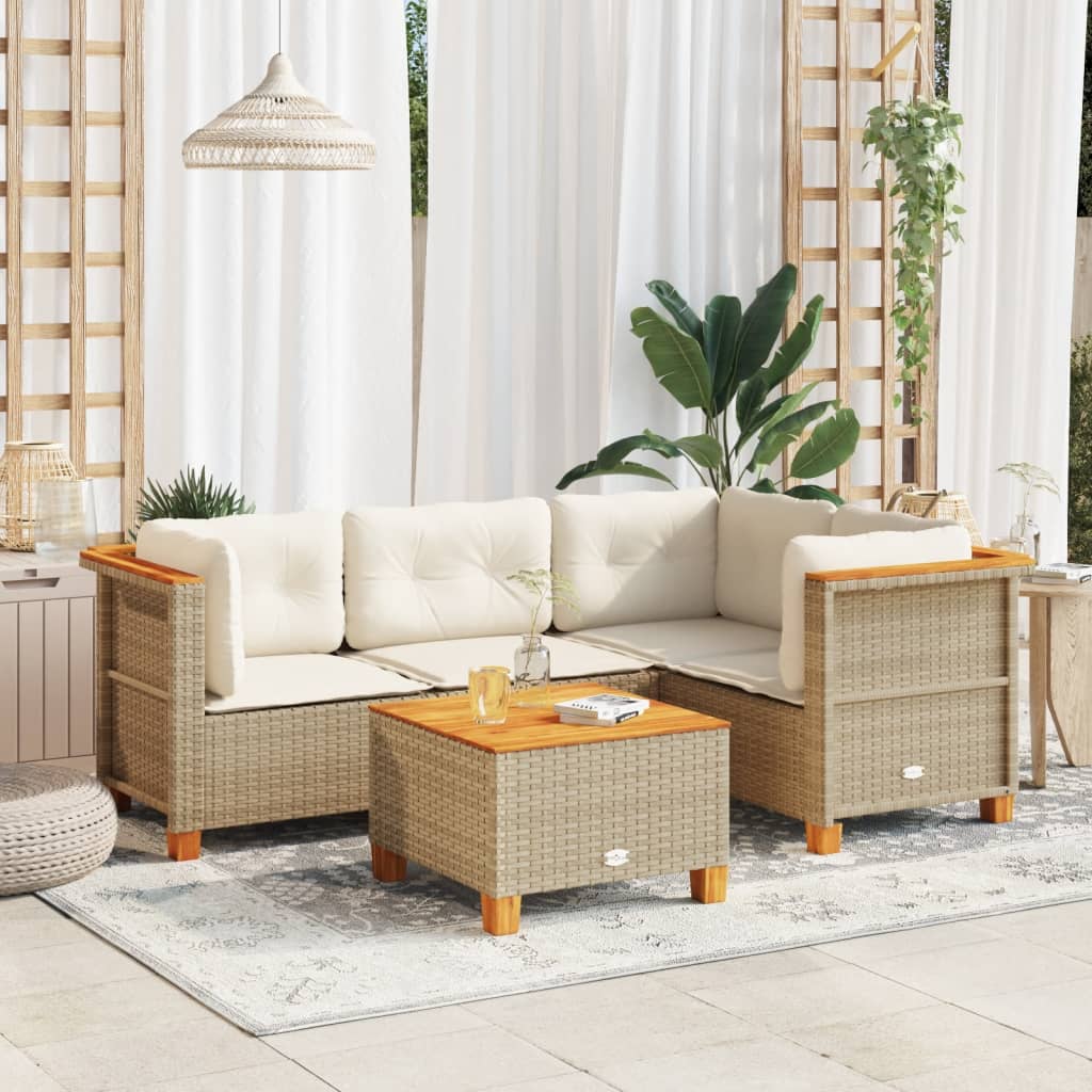 5-tlg. Garten-Sofagarnitur mit Kissen Beige Poly Rattan