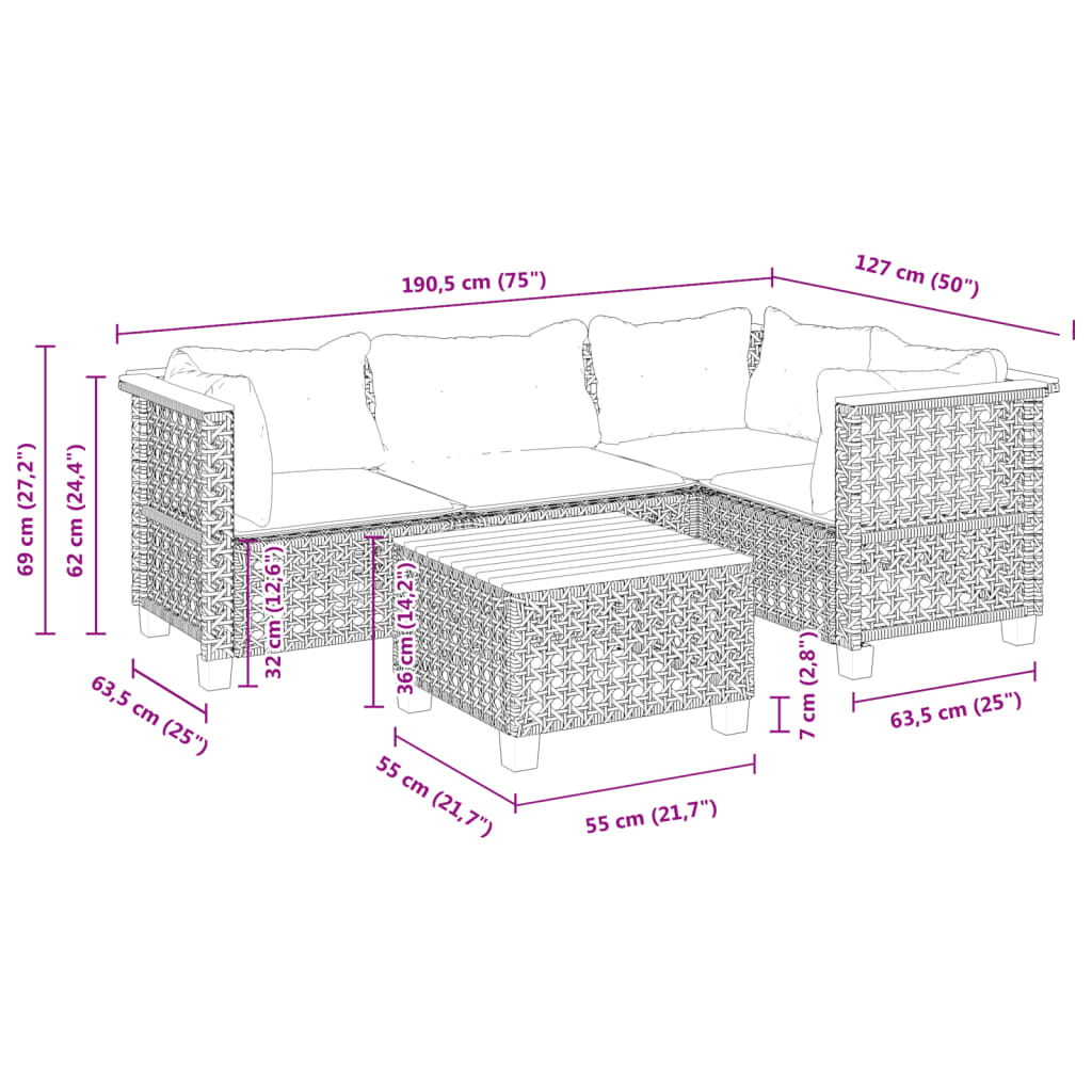 5-tlg. Garten-Sofagarnitur mit Kissen Schwarz Poly Rattan