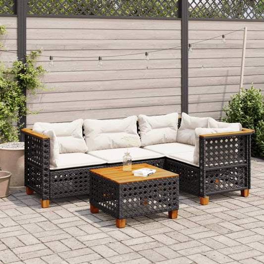 5-tlg. Garten-Sofagarnitur mit Kissen Schwarz Poly Rattan