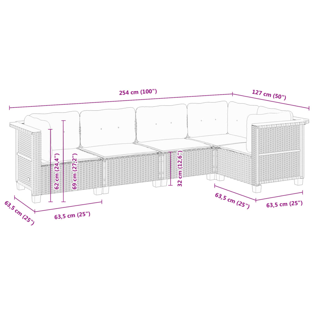 5-tlg. Garten-Sofagarnitur mit Kissen Grau Poly Rattan