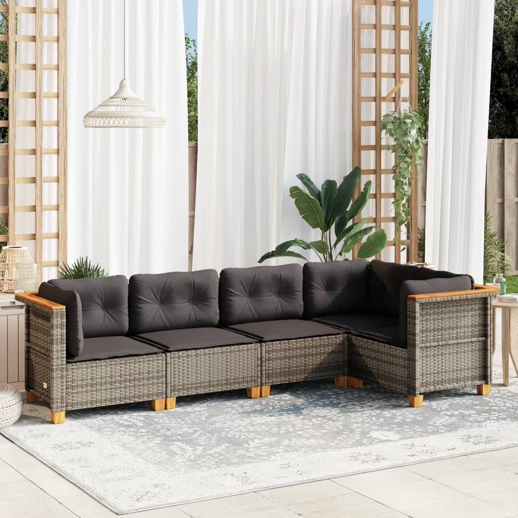 5-tlg. Garten-Sofagarnitur mit Kissen Grau Poly Rattan