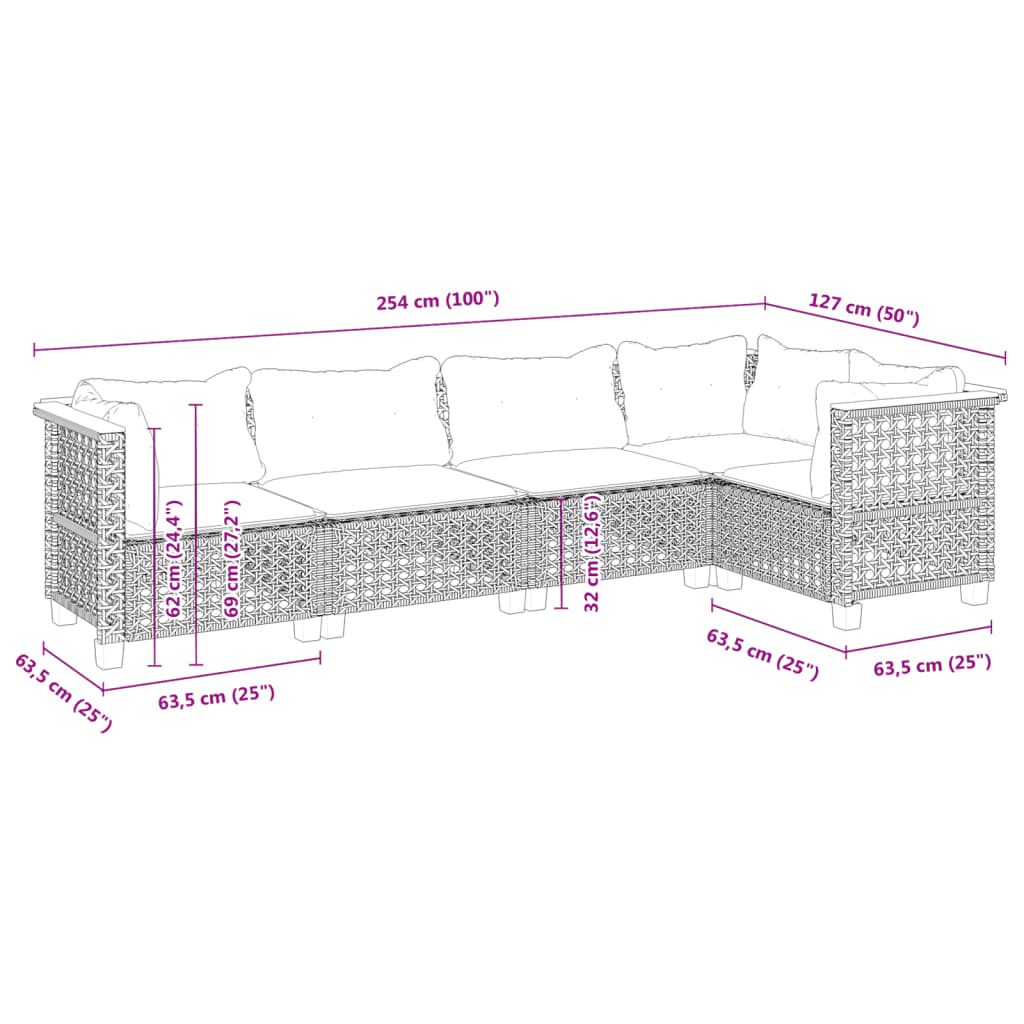 5-tlg. Garten-Sofagarnitur mit Kissen Schwarz Poly Rattan