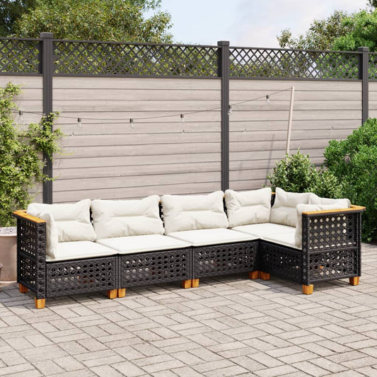 5-tlg. Garten-Sofagarnitur mit Kissen Schwarz Poly Rattan