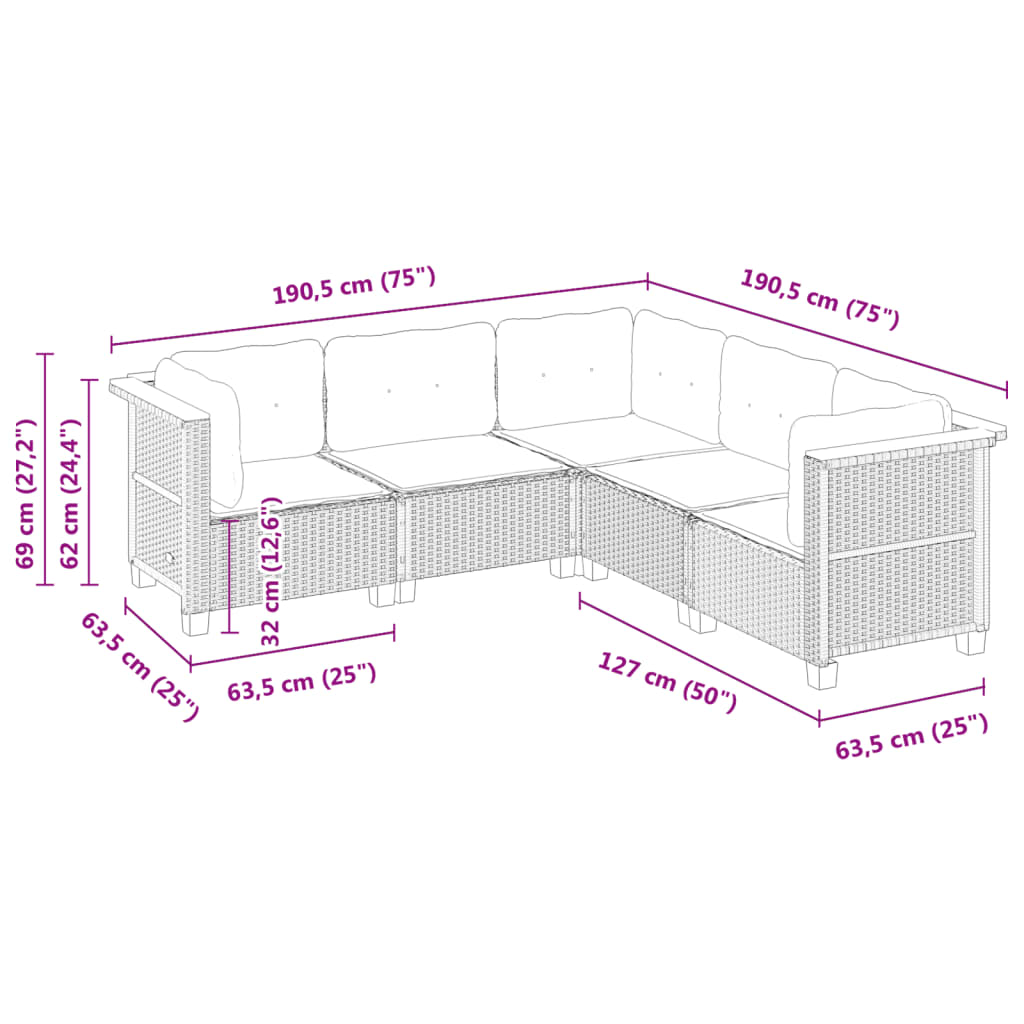 5-tlg. Garten-Sofagarnitur mit Kissen Schwarz Poly Rattan