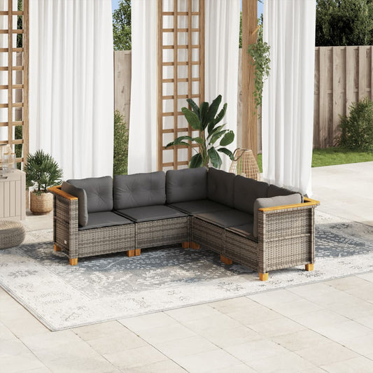 5-tlg. Garten-Sofagarnitur mit Kissen Grau Poly Rattan