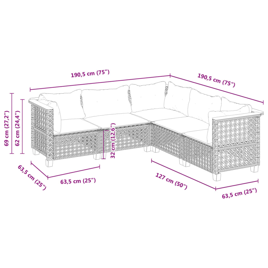 5-tlg. Garten-Sofagarnitur mit Kissen Grau Poly Rattan