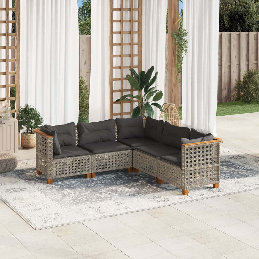 5-tlg. Garten-Sofagarnitur mit Kissen Grau Poly Rattan