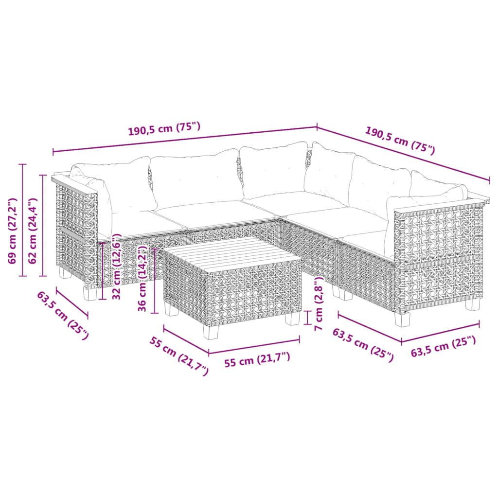 6-tlg. Garten-Sofagarnitur mit Kissen Grau Poly Rattan