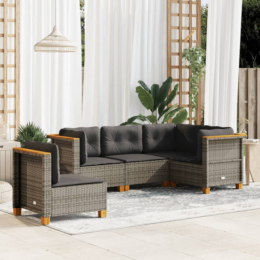 5-tlg. Garten-Sofagarnitur mit Kissen Grau Poly Rattan